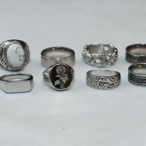 Mens Silver Stainless Steel Rings Signet Rings Rings for men Set of rings Silver Flower Jewellery Unisex Spinning Eye Rings image 3