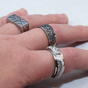 Mens Signet Rings Stainless Steel Silver Rings for men Set of rings Silver Streetwear Jewellery Unisex Rings Abalone Shell Onyx zdjęcie 8