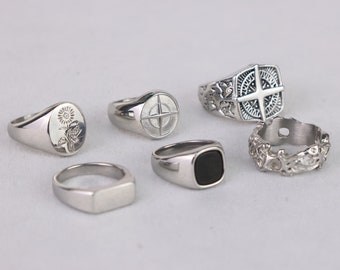 Mens Silver Rings - Stainless Steel Signet Rings - Rings for men - Set of rings - Silver Streetwear Jewellery - Unisex Rings - Abalone Shell