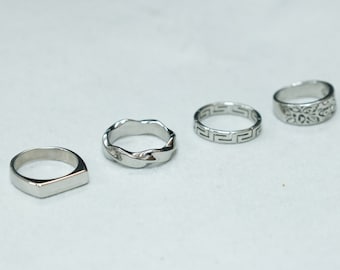 Zilveren bandringen - RVS gedraaide golfring - minimale dunne zegelring - Griekse designband - vintage zegelring - set ringen
