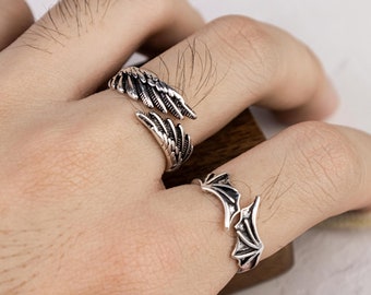 Retro Angel Demon Wing Koppels Ringen Mode Mannen Vrouwen Sieraden Vintage Oude Zilveren Kleur Punk Hip Hop Verstelbare