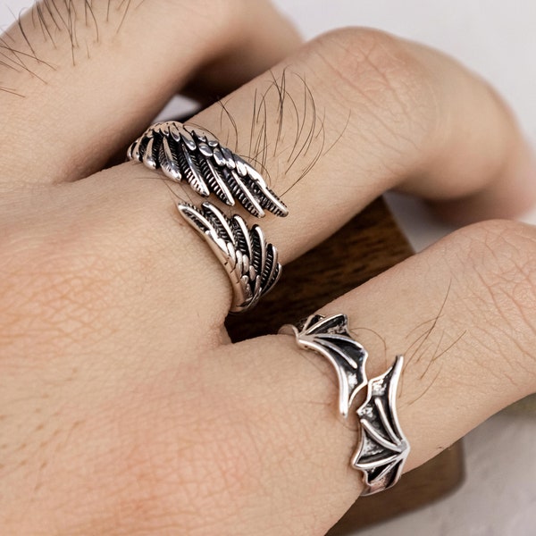 Retro Angel Demon Wing Koppels Ringen Mode Mannen Vrouwen Sieraden Vintage Oude Zilveren Kleur Punk Hip Hop Verstelbare