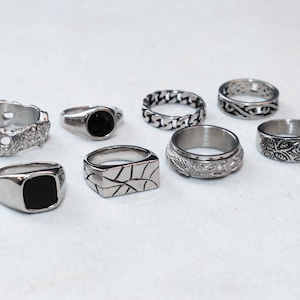 Mens Signet Rings Stainless Steel Silver Rings for men Set of rings Silver Streetwear Jewellery Unisex Rings Abalone Shell Onyx zdjęcie 1