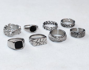 Chevalière pour homme - Bagues en acier inoxydable et argent pour homme - Parure de bagues - Bijoux streetwear en argent - Bagues unisexe - Coquillage ormeau - Onyx