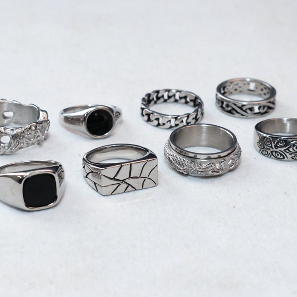 Anillos de sello para hombre - Anillos de plata de acero inoxidable para hombre - Conjunto de anillos - Joyería de plata streetwear - Anillos unisex - Concha de abulón - Ónix