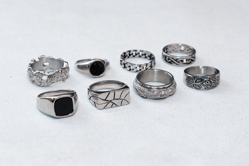 Herenzegelringen Zilveren zilveren ringen voor heren Set ringen Zilveren streetwear sieraden Unisex ringen Abalone Shell Onyx afbeelding 1