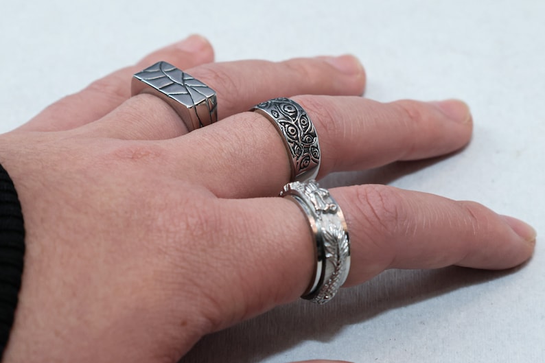 Mens Signet Rings Stainless Steel Silver Rings for men Set of rings Silver Streetwear Jewellery Unisex Rings Abalone Shell Onyx zdjęcie 9