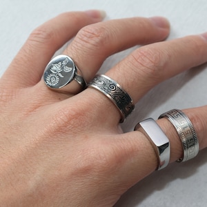 Mens Silver Stainless Steel Rings Signet Rings Rings for men Set of rings Silver Flower Jewellery Unisex Spinning Eye Rings image 6