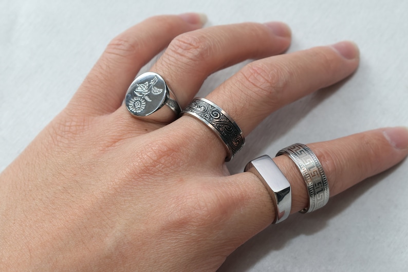 Mens Silver Stainless Steel Rings Signet Rings Rings for men Set of rings Silver Flower Jewellery Unisex Spinning Eye Rings image 6