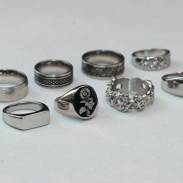 Mens Silver Stainless Steel Rings - Signet Rings - Rings for men - Set of rings - Silver Flower Jewellery - Unisex Spinning Eye Rings