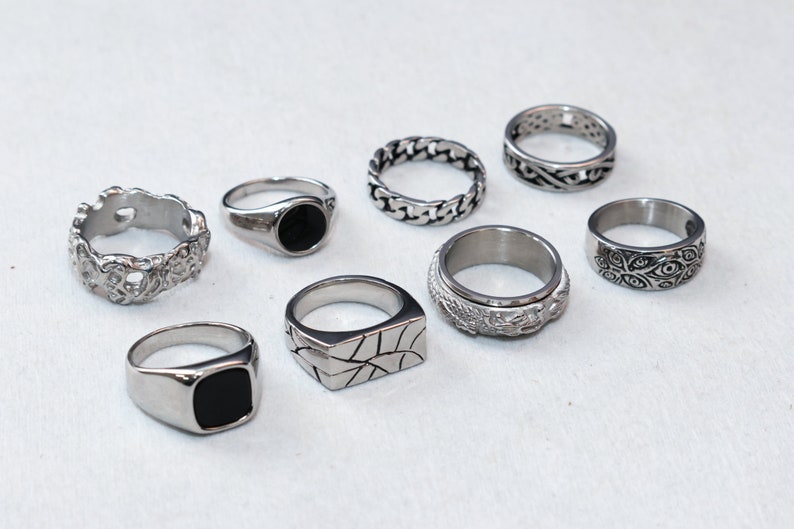 Mens Signet Rings Stainless Steel Silver Rings for men Set of rings Silver Streetwear Jewellery Unisex Rings Abalone Shell Onyx zdjęcie 6