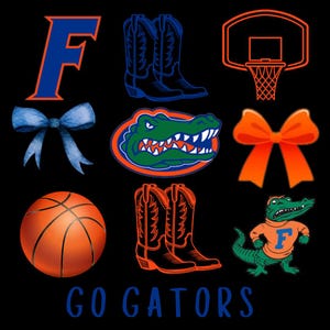 May include: A black background with a blue and orange University of Florida logo, a basketball, a green alligator with a blue "F" on its shirt, two pairs of brown cowboy boots, a blue bow, an orange bow, and a basketball hoop. The text "GO GATORS" is at the bottom of the image.