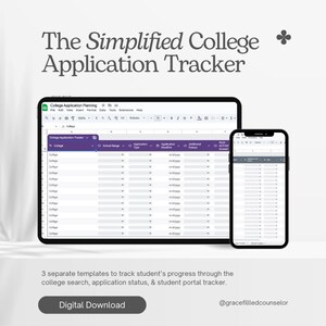 Puede incluir: Una descarga digital de una hoja de cálculo de seguimiento de solicitudes universitarias. La hoja de cálculo está dividida en columnas para el nombre de la universidad, el rango escolar, el tipo de solicitud, la fecha límite de solicitud, los ensayos adicionales y las puntuaciones ACT/SAT. La hoja de cálculo se muestra en una pantalla de ordenador y un teléfono móvil.
