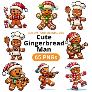 May include: A collection of cartoon gingerbread men in various poses, wearing chef hats, playing instruments, and holding gifts. The image includes the text "Cute Gingerbread Man" and "65 PNGs". The gingerbread men are decorated with icing and wearing festive hats.