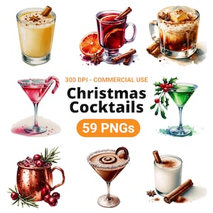 Christmas Cocktail Watercolor Clipart Bundle, Illustrative Cocktail, Christmas Drinks, Cocktail Menu, Cocktail Downloaded, Holiday Cocktail