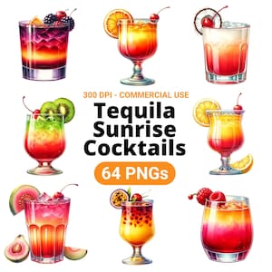 Tequila Sunrise Cocktail Clipart Bundle, Set of 64, Tequila Sunrise PNG, Tequila Sunrise Cuteness, Cocktail PNGs, Summer Cocktails