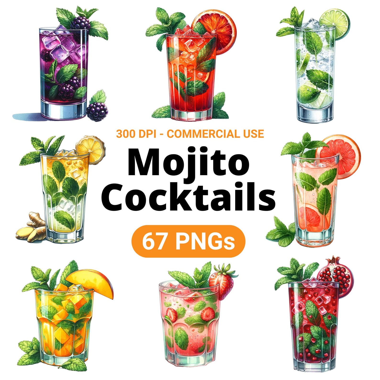 Mojito Cocktail Clipart Bundle, Set of 67, Mojito PNG, Mojito Cuteness