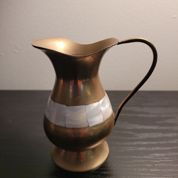 Vintage Brass Pitcher/Urn with Mother of Pearl Inlay
