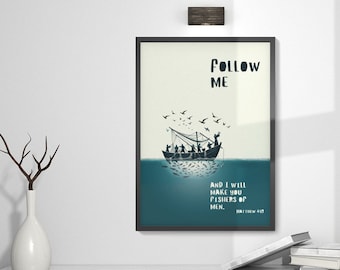 Jesus and the miraculous catch of fish Christian modern art, Christian home decor printable digital Matthew 4 19 Christian artwork biblical