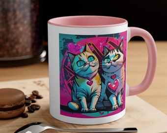Taza de cerámica con gatos de colores, colores bonitos, idea de regalo de cumpleaños, loca de los gatos, gatito psicodélico, colores brillantes