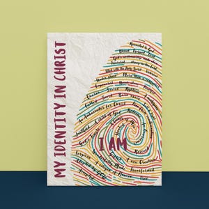May include: A colorful fingerprint design with the words "My Identity in Christ" and a list of positive affirmations about faith, including "blessed", "equipped", "treasured", "strong", "victorious", "empowered", "never alone", "powerful", "chosen", "saved", "born again", "free", "a masterpiece", "salt & light", "redeemed", "a child of God", "justified", "God's temple", "a fisher of men", "healed", "rescued", "forgiven", "wonderfully made", "a new creation", "transformed", "gifted", "a citizen of heaven", "adopted by God", and "accepted".