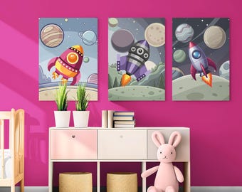 Space Theme Nursery Art Prints: Playroom Decor, Set of 3 (Digital Download)