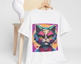 May include: White t-shirt featuring a graphic print of a cat wearing headphones. The cat has pink and blue eyes and a purple and yellow background.