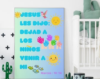 Arte de pared imprimible para niños, alegre versículo bíblico en español Marcos 10:14 con diseños extravagantes, gran regalo inspirado en la fe para los más pequeños, ¡Jesús!