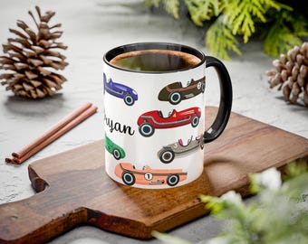 Kinder personalisierte Rennautos Becher, Retro Kinder Keramiktasse, benutzerdefinierter Name bunt, Racing Thema niedlich, Junge Geschenk Kleinkind