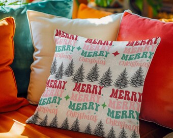 Farmhouse Christmas Pillow Cover: Merry Pines Tree Design