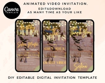 Invitación animada en vídeo para cena de cumpleaños, fiesta acogedora (digital)