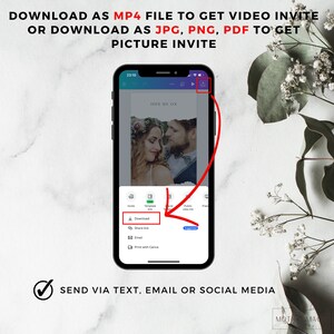 Puede incluir: Una captura de pantalla de un tel&eacute;fono m&oacute;vil que muestra una aplicaci&oacute;n de dise&ntilde;o de invitaciones de boda. La aplicaci&oacute;n permite a los usuarios descargar la invitaci&oacute;n como un video en formato MP4 o como una imagen en formato JPG, PNG o PDF. La pantalla muestra una invitaci&oacute;n de boda con una foto de una pareja y el texto "JOIN US ON".