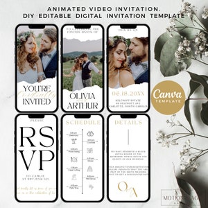 Wedding Video Invitation Template, Animated Wedding Invitation with RSVP, Details & Program, Add Your Own Photo and Music, Canva