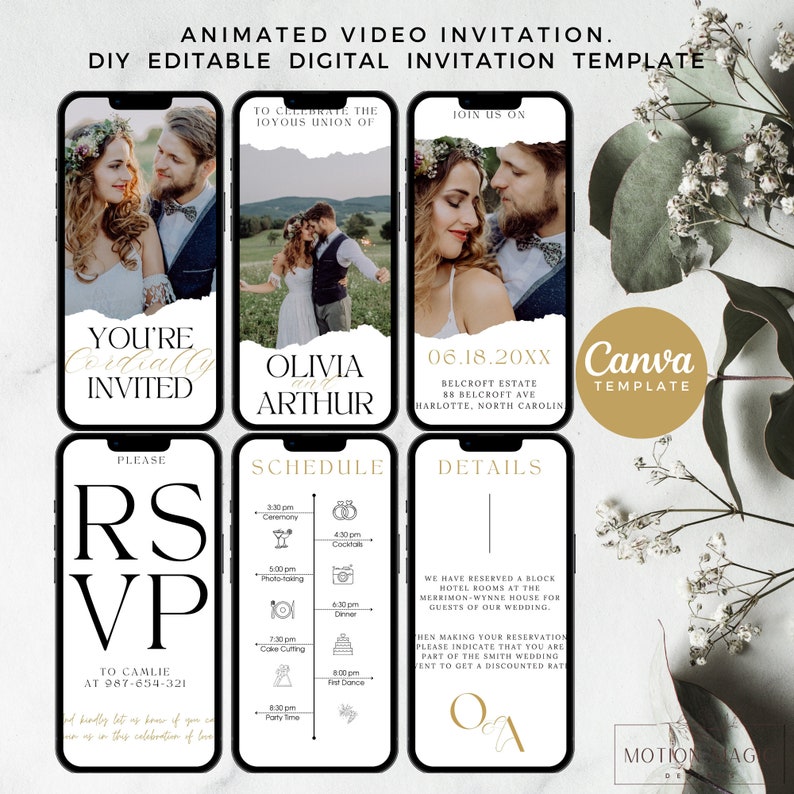 Puede incluir: Una plantilla de invitaci&oacute;n de boda digital con un dise&ntilde;o r&uacute;stico de papel rasgado. La plantilla incluye una foto de la pareja, la fecha de la boda, la ubicaci&oacute;n y un cronograma de eventos. El texto "You're Cordially Invited" est&aacute; escrito en una fuente de letra cursiva. La plantilla est&aacute; dise&ntilde;ada para ser utilizada con Canva.