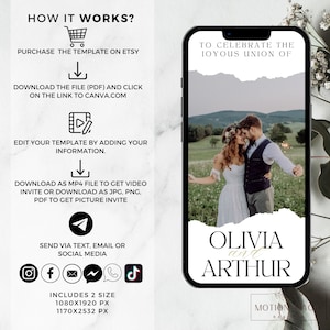 Puede incluir: Una plantilla de invitaci&oacute;n de boda digital con fondo blanco y efecto de papel rasgado. La plantilla presenta una foto de una pareja en un campo, con el texto "Para celebrar la uni&oacute;n gozosa de Olivia y Arthur" en texto negro. La plantilla incluye instrucciones sobre c&oacute;mo usar la plantilla, incluyendo la compra en Etsy, la descarga como PDF, la edici&oacute;n en Canva y el env&iacute;o por mensaje de texto, correo electr&oacute;nico o redes sociales. La plantilla est&aacute; disponible en dos tama&ntilde;os: 1080x1920 p&iacute;xeles y 1170x2532 p&iacute;xeles.