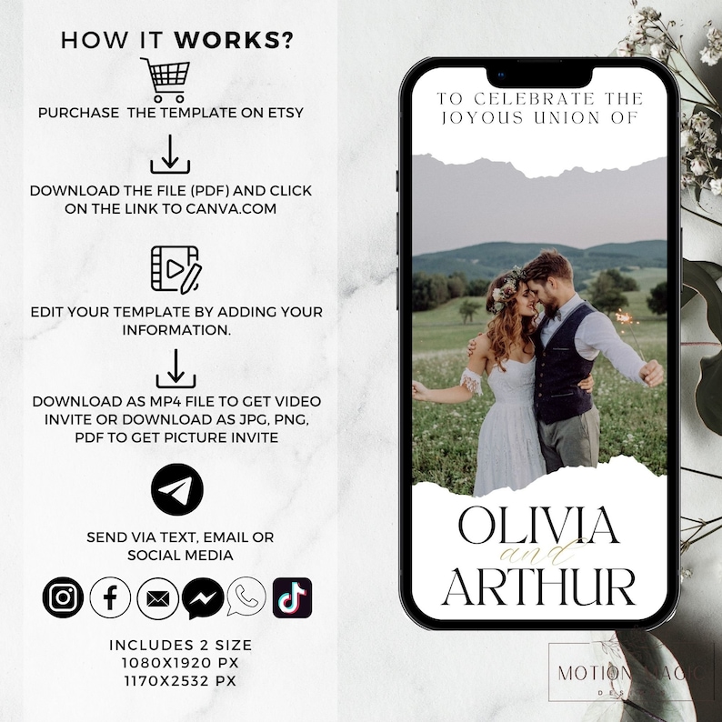 Puede incluir: Una plantilla de invitaci&oacute;n de boda digital con fondo blanco y efecto de papel rasgado. La plantilla presenta una foto de una pareja en un campo, con el texto "Para celebrar la uni&oacute;n gozosa de Olivia y Arthur" en texto negro. La plantilla incluye instrucciones sobre c&oacute;mo usar la plantilla, incluyendo la compra en Etsy, la descarga como PDF, la edici&oacute;n en Canva y el env&iacute;o por mensaje de texto, correo electr&oacute;nico o redes sociales. La plantilla est&aacute; disponible en dos tama&ntilde;os: 1080x1920 p&iacute;xeles y 1170x2532 p&iacute;xeles.