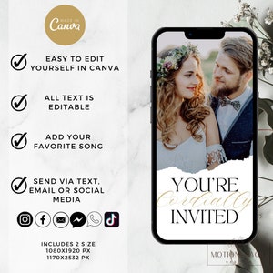 Puede incluir: Una plantilla de invitaci&oacute;n de boda digital con una foto de una pareja en el fondo. El texto "You're Cordially Invited" est&aacute; en fuente de escritura dorada sobre un fondo blanco. La plantilla est&aacute; hecha en Canva e incluye dos tama&ntilde;os: 1080x1920 p&iacute;xeles y 1170x2532 p&iacute;xeles.