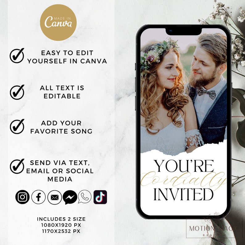 Puede incluir: Una plantilla de invitaci&oacute;n de boda digital con una foto de una pareja en el fondo. El texto "You're Cordially Invited" est&aacute; en fuente de escritura dorada sobre un fondo blanco. La plantilla est&aacute; hecha en Canva e incluye dos tama&ntilde;os: 1080x1920 p&iacute;xeles y 1170x2532 p&iacute;xeles.