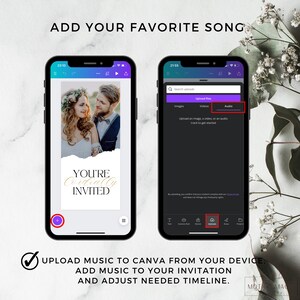 Puede incluir: Una captura de pantalla de un tel&eacute;fono m&oacute;vil que muestra la aplicaci&oacute;n Canva. La pantalla muestra una invitaci&oacute;n de boda con el texto "You're Cordially Invited". La pantalla del tel&eacute;fono a la derecha muestra la secci&oacute;n "Cargar archivos" de la aplicaci&oacute;n, con la opci&oacute;n de cargar im&aacute;genes, videos o audio.