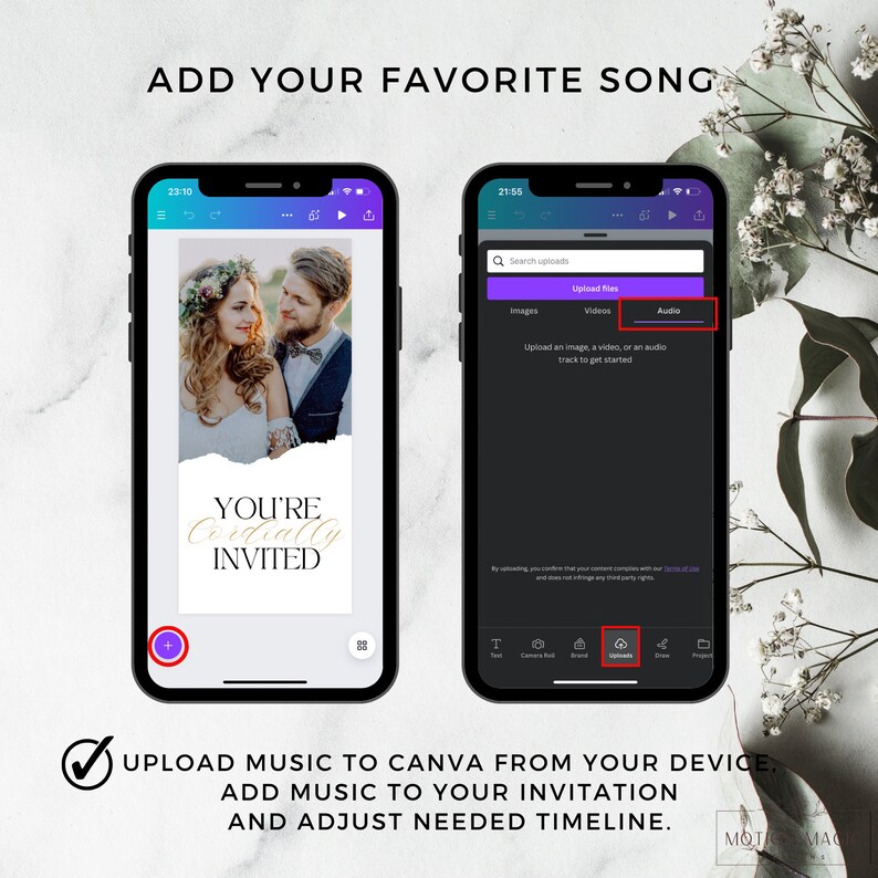 Puede incluir: Una captura de pantalla de un tel&eacute;fono m&oacute;vil que muestra la aplicaci&oacute;n Canva. La pantalla muestra una invitaci&oacute;n de boda con el texto "You're Cordially Invited". La pantalla del tel&eacute;fono a la derecha muestra la secci&oacute;n "Cargar archivos" de la aplicaci&oacute;n, con la opci&oacute;n de cargar im&aacute;genes, videos o audio.