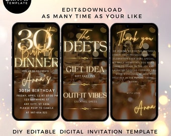 Invitación animada en vídeo para cena de cumpleaños, plantilla editable (digital)