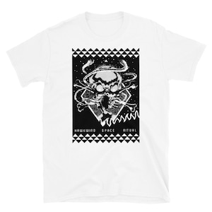 May include: Black and white graphic t-shirt featuring a skull with a swirling design and the text "Hawkwind Space Ritual".