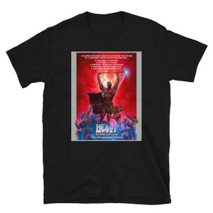 May include: Black t-shirt featuring a movie poster design for "Heavy Metal." The poster depicts a muscular figure holding a staff, surrounded by other characters. The text includes "Columbia Pictures" and "A Step Beyond Science Fiction."