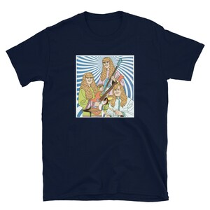 May include: A navy blue t-shirt with a graphic of three people with long hair playing musical instruments. The graphic is set against a blue and white striped background.