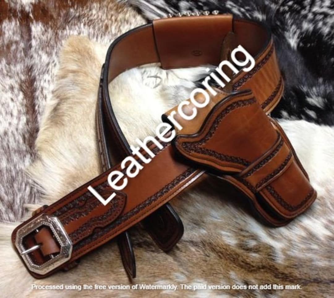 Tooled Leather Western Gun Belt & Drop Loop Holster Rig For .44/.45 Caliber Revolvers - Sizes 34-52