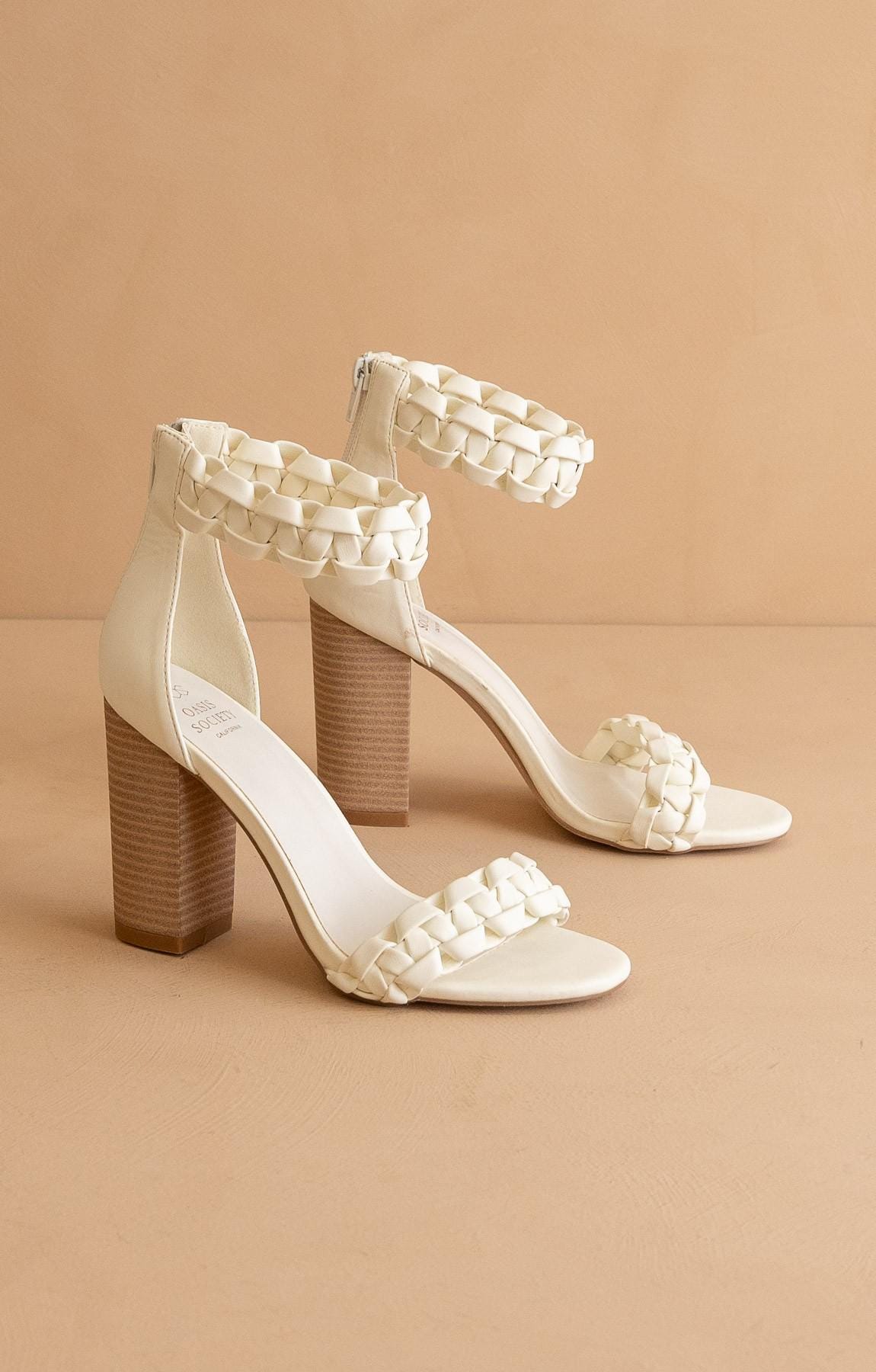 Sandalias de tacón alto, tacones trenzados de dos bandas, zapatos de vestir, zapatos para boda, sandalias trenzadas de tacón.
