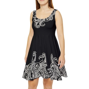 Tentacles for Days  Black Tank Skater Dress with Off-White Sea Monster Tentacles at the Neckline and Hem. Nautical Ocean Academia Dress.
