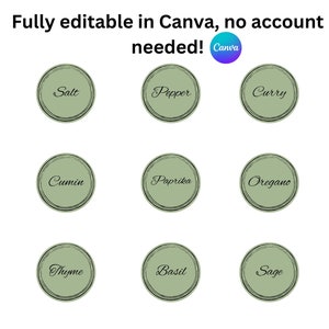 May include: Nine round green labels with black outlines and black text. The labels are for spices and herbs, including salt, pepper, curry, cumin, paprika, oregano, thyme, basil, and sage.