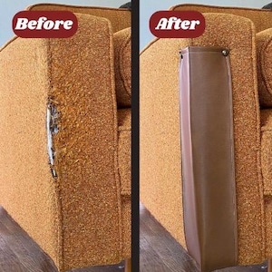 May include: Before and after images of a damaged sofa arm. The left side shows a worn, orange fabric with a tear. The right side displays a brown leatherette arm cover, attached to the sofa, concealing the damage. The text "Before" and "After" are in red ovals.