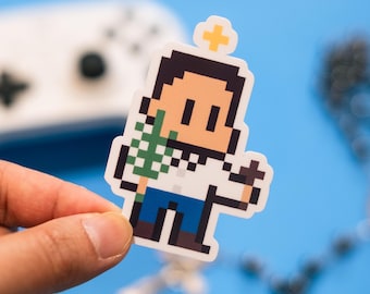 May include: A pixel art sticker of a person with a halo, holding a palm branch and a cross. The person is wearing a white shirt and blue pants. The sticker is on a blue background.